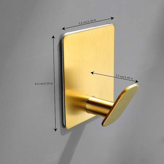 DELITON Gold Towel Hooks- 4 Pack Adhesive Hook for Coat Robe Clothes Stick on Bathroom Wall Brushed Gold Finish Heavy Duty, Stainless Steel