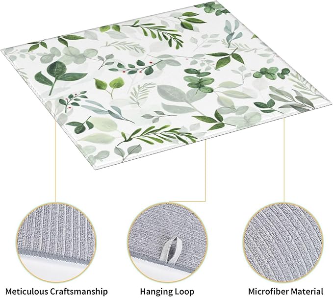 Green Leaves Dish Drying Mat 16x18 inches Microfiber Absorbent Fast Dry Mat for Kitchen Counter Coffee Bar Green Plants Large Drying Mat Kitchen Decor Gifts (Green Leaves, 16x18 inches)