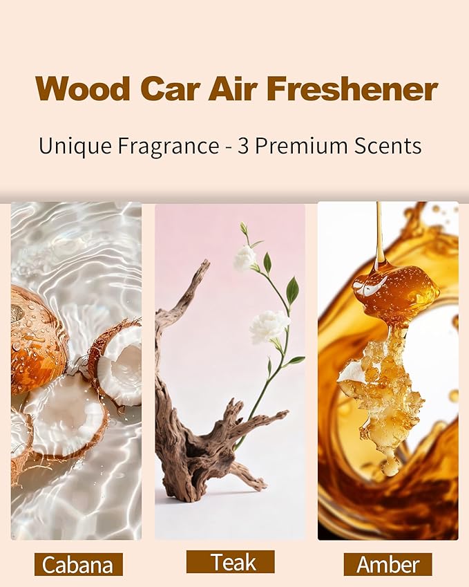 Car Air Freshener-The Original Wood Air Freshener for Visor Clip - Long Lasting Car Odor Eliminator and Scent Diffuser for Cabin, Truck & SUV-Includes 2 Metal Clips-Teak