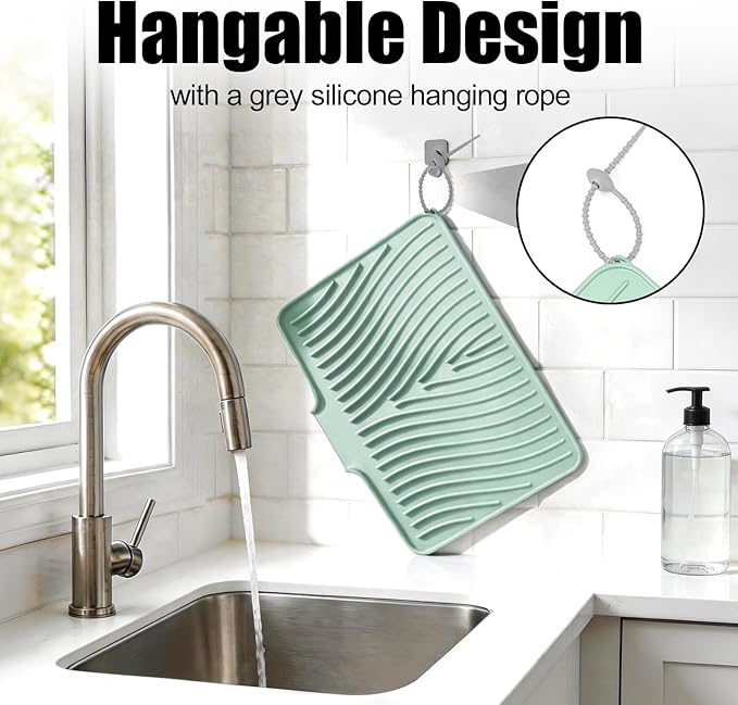 Silicone Dish Drying Mat for Kitchen Counter, Dish Drying Pad, Non-Slip Drain Pad with Built-in Drain, Heat Resistant Stone Drying Mat(16" x 12", Mint)