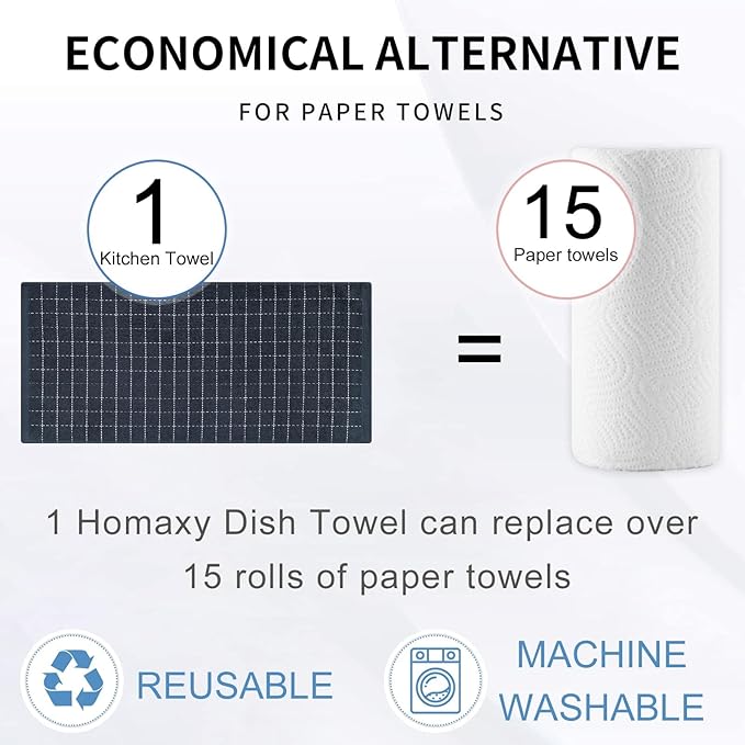 Homaxy 100% Cotton Terry Kitchen Towels(Dark Grey, 13 x 28 inches), Checkered Designed, Soft and Super Absorbent Dish Towels, 8 Pack