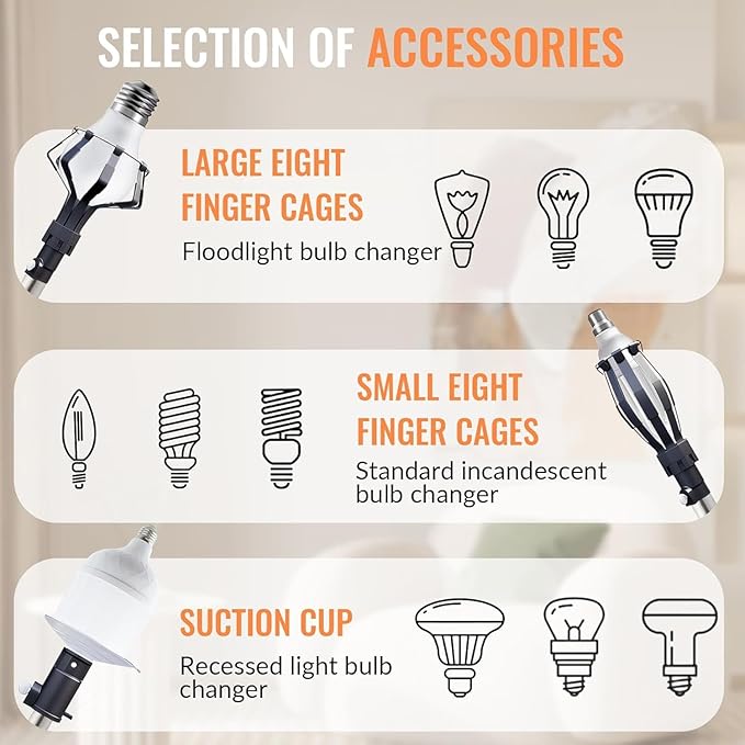 20FT Light Bulb Changer for High Ceilings, 10PCS Extension Pole Kit with 360° Adjustable Bulb Grabber, Ceiling Fan Duster & Window Cleaner, No Ladder Needed