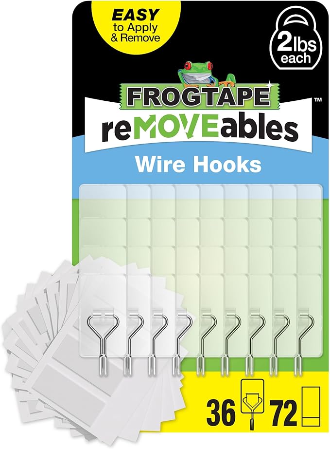 FrogTape reMOVEables Damage Free Adhesive Hook - Removable & Reusable Medium Wire Wall Hooks for Hanging - No Nails- Includes 36 Hooks & 48 Adhesive Strips, Holds up to 2 lbs, Clear (Pack of 36)