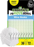 FrogTape reMOVEables Damage Free Adhesive Hook - Removable & Reusable Medium Wire Wall Hooks for Hanging - No Nails- Includes 36 Hooks & 48 Adhesive Strips, Holds up to 2 lbs, Clear (Pack of 36)