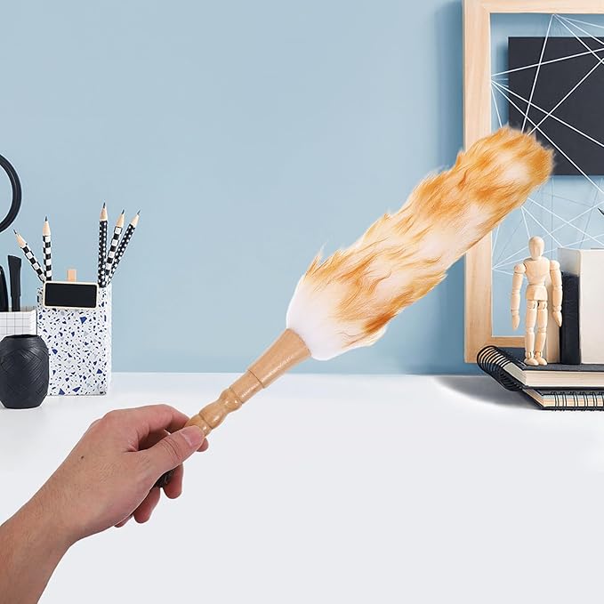 Garneck Lambswool Desk Duster with Flexible Wooden Handle Soft Wool Dust Brush for Furniture and Car Interior Cleaning Lightweight Portable Dusting Tool for Office Desk and Bedroom