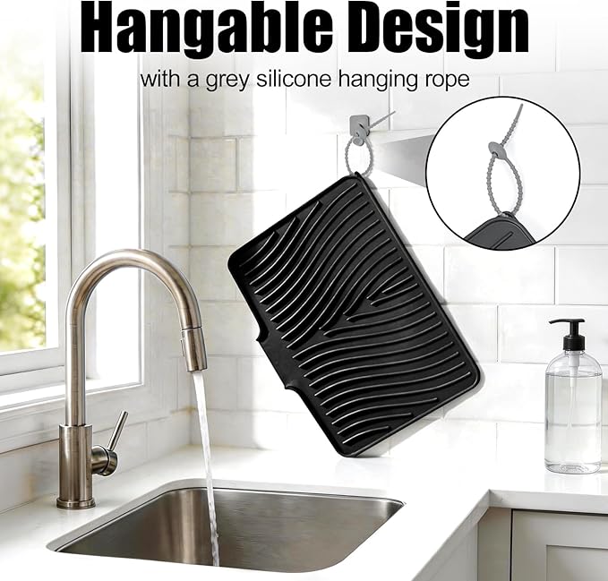 Silicone Dish Drying Mat for Kitchen Counter, Dish Drying Pad, Non-Slip Drain Pad with Built-in Drain, Heat Resistant Stone Drying Mat(16" x 12", Black)
