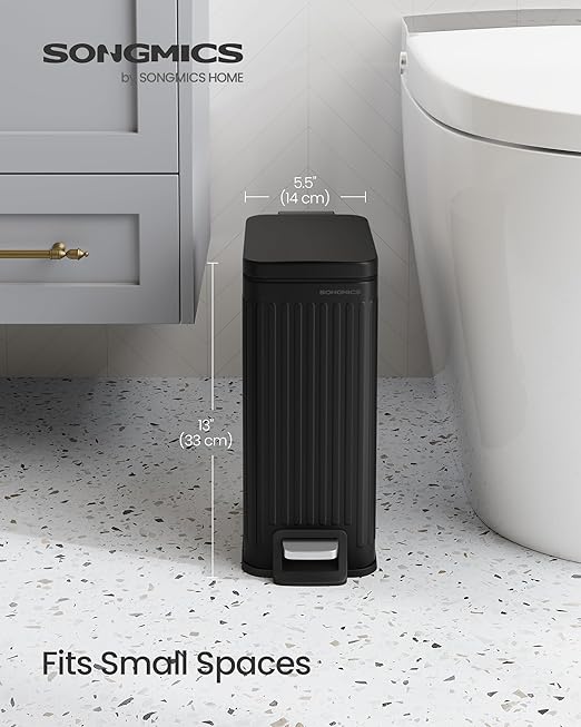 SONGMICS Bathroom Trash Can, 1.6-Gallon (6 L) Trash Bin with Lid, Slim for Small Spaces, Stainless Steel Garbage Can, Soft Close, Black ULTB563B02