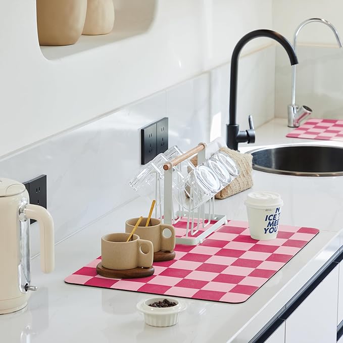 Checkered Dish Drying Mat for Kitchen Counter, Coffee Bar Station Accessories, Retro Cute Aesthetic Modern Absorbent Drainer Mat Kitchen Drying Mat Easy Clean, Hot Pink 12" x 19"