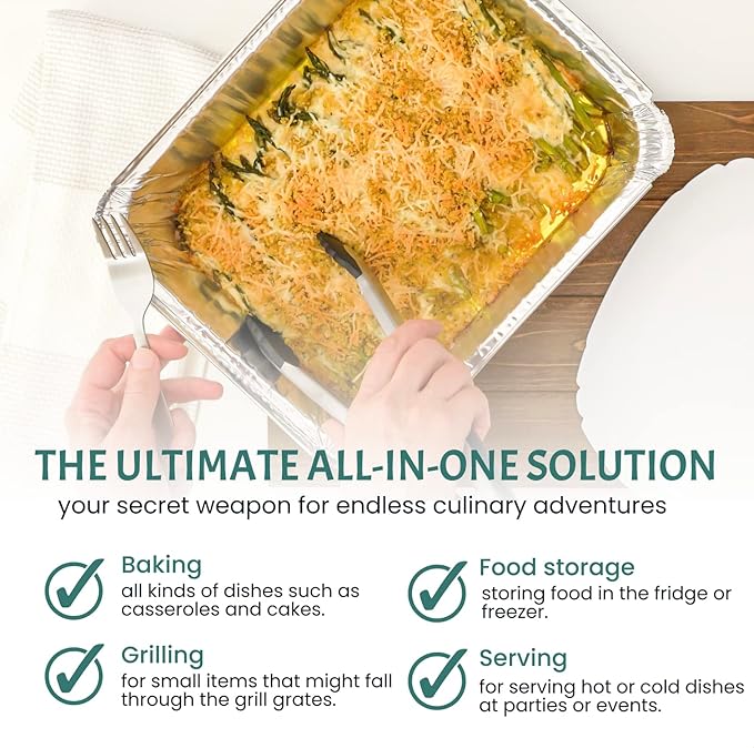 FUNSTITUTION Aluminum Foil Pans 8x4 Inches (30 Pack) - Tin Foil Pans with High Heat Conductivity - Disposable Aluminum Tray Cookware For Baking, Grilling, Cooking, Storing, Prepping