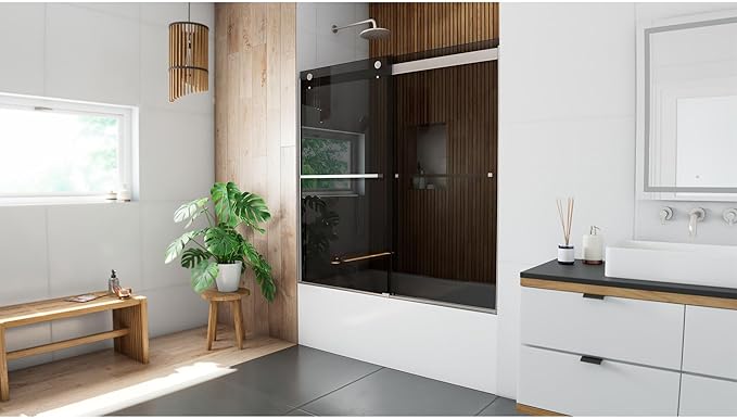 DreamLine Sapphire 56-60 inch W x 60 inch H Semi-Frameless Bypass Tub Door in Brushed Nickel and Smoke Gray Glass