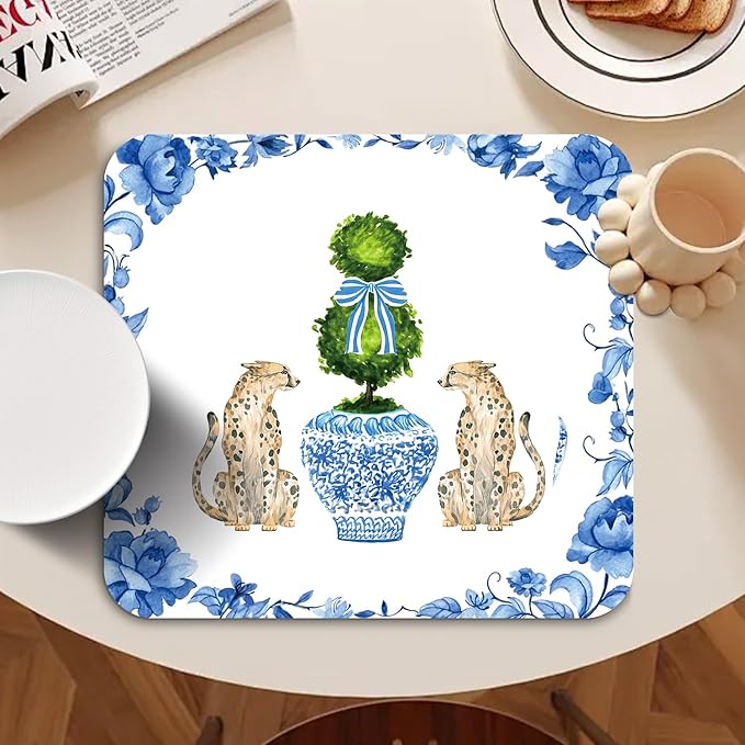 Chinoiserie Dish Drying Mat - Blue And White Porcelain Dish Drying Mat,Chinoiserie Leopard Drying Mat For Kitchen Counter,Coffee Bar Mat,Vintage Chinoiserie Drying Mat,16x17.5 Inch