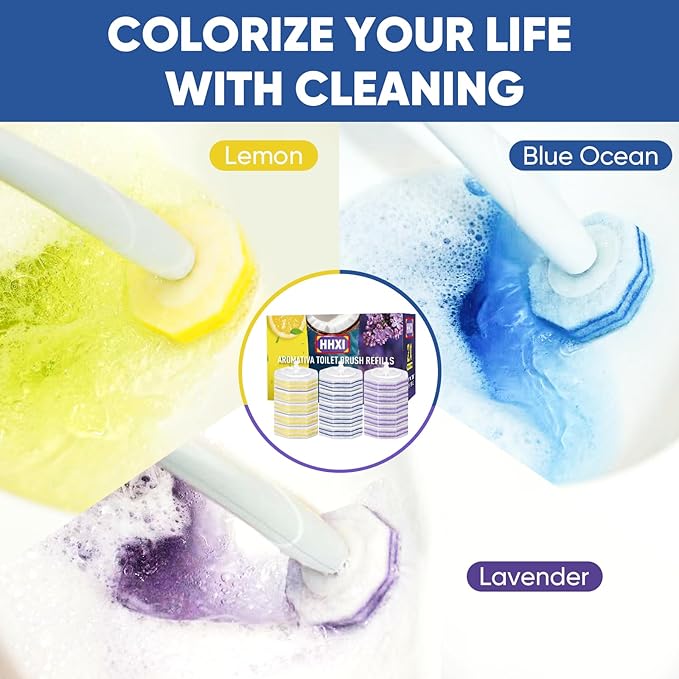 60Ct Aromative Toilet Brush Refills, Toilet Bowl Cleaner Refills, Double-Layer Cleaning Pads Added, Disposable Refill Heads for Toilet Bowl Cleaner Wands，Lemon, Blue Ocean, Lavender （Patented）