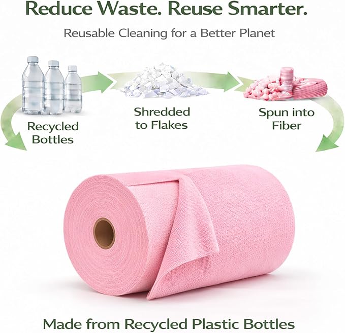Microfiber Cleaning Cloth Roll - 100 Pack Tear Away Microfiber Paper Towels, Reusable, Washable, Scratch-Free, Kitchen Towels for Car, Home, Kitchen, Glass, Dishes(Pink)