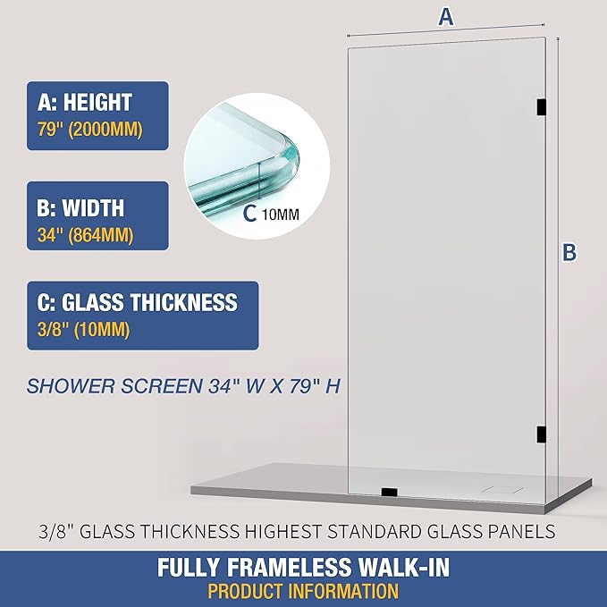 Shower Glass Panel 34" x 79" Easy-to-Clean Treated, 3/8" Tempered Glass Shower Screen, Frameless Shower Door for Walk In Bathroom, Matte Black