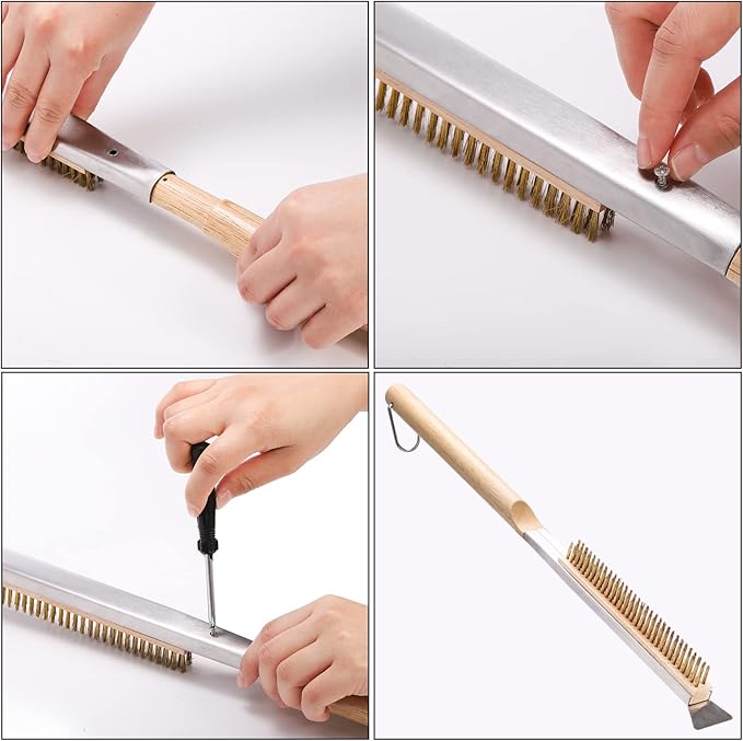 ZEAYEA 21 Inch Pizza Oven Brush with Scraper, Brass Bristles, Copper Wire Pizza Stone Cleaning Brush for BBQ Grill Cleaning, Outdoor Oven Accessories