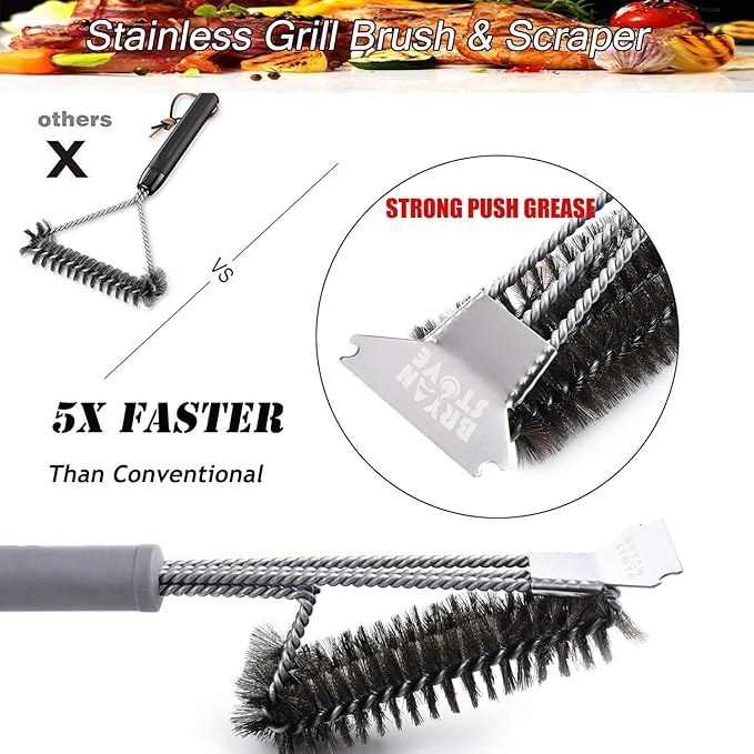 Grill Brush and Scraper-Best BBQ Brush for Grill Outdoor, Safe 18" Stainless Steel w/Wire 3 in 1 Bristles Grill Cleaning Brush - Gifts for Grilling Enthusiasts & Men Dad