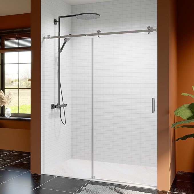 56-60 Inch Frameless Sliding Shower Door, 74" Height, 5/16" (8mm) Clear Tempered Glass, Smooth Gliding Track & Anti-Jumping System, Stainless Steel Brushed Nickle Finish