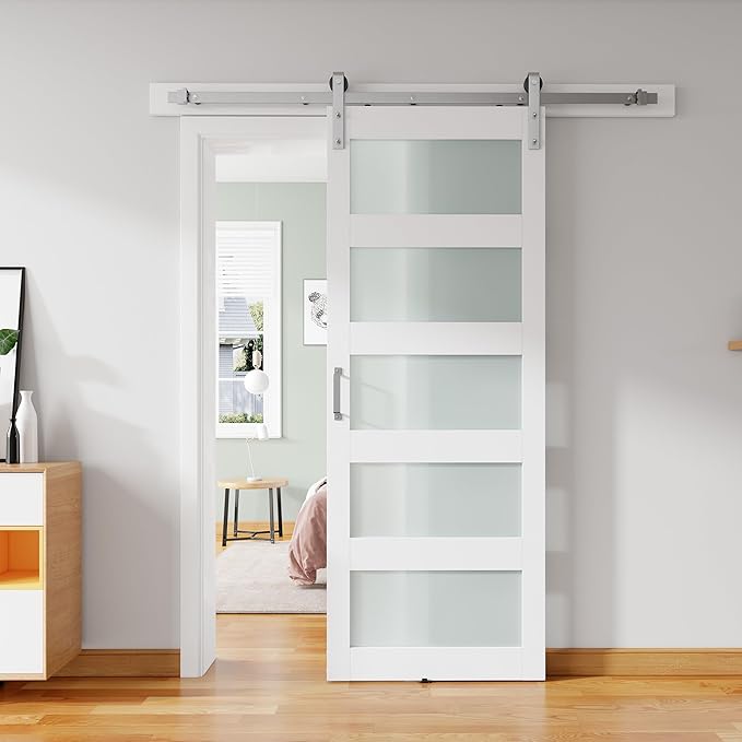 28'' x 84'' Glass Barn Door and 5 Ft Brushed Nickel Hardware Kit Included, MDF White Barn Door Slab with Frosted Glass, PVC Surface, Combined with Handle and Floor Guide-Assembly Required