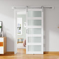 28'' x 84'' Glass Barn Door and 5 Ft Brushed Nickel Hardware Kit Included, MDF White Barn Door Slab with Frosted Glass, PVC Surface, Combined with Handle and Floor Guide-Assembly Required