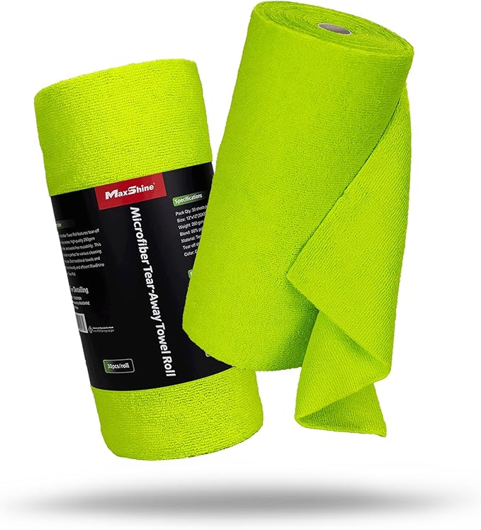 Maxshine Universal Green Microfiber Tear-Away Towel Roll – 30 Reusable 12"x12" Sheets – 260GSM Terry Microfiber – Eco-Friendly, Lint-Free Cleaning Towels for Auto, Home & Garage