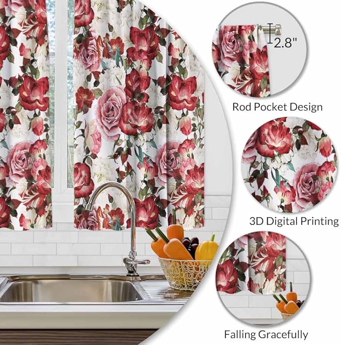Vintage Floral Kitchen Curtains Red Pink White Peony Roses Bouquet Short Tier Curtains for Bathroom Cafe Small Window Drapes Treatment 2 Panels (27.5x39 Inch)