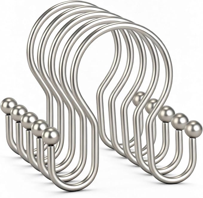 Goowin Shower Curtain Hooks, 12 Pcs Shower Curtain Rings, Stainless Steel Shower Curtain Hangers, Metal Shower Curtain Hooks Rings Rust Proof, Minimalist Shower Hooks for Shower Curtain, Matte Nickel