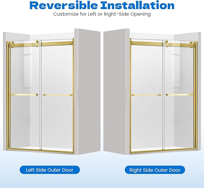 Sliding Shower Door, 48" W x 76" H Semi-Frameless Double Sliding Glass Shower Door with 5/16'' (8mm) Clear ASNI SGCC Tempered Glass, Bypass Shower Enclosure, Brushed Gold