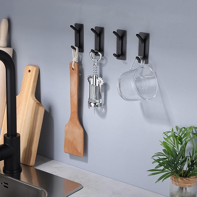 Taozun 4-Pack Black Stainless Steel Adhesive Hooks - Upgraded Strong Self-Adhesive Towel Hangers for Bathroom, Kitchen, and Bedroom