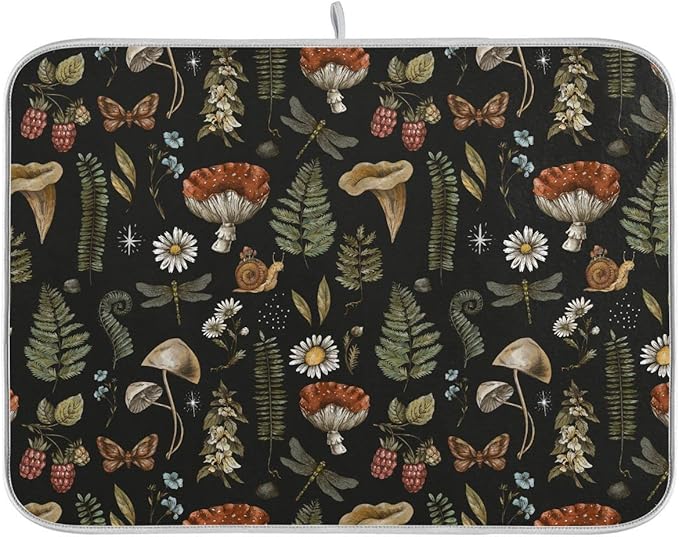 Mushroom Fern Leaves Berry Dish Drying Mat for Kitchen Counter Vintage Botanical Nature Drying Mats Super Absorbent Reversible Microfiber Kitchen Countertop Protector Dishes Pad Medium 16x18 inch