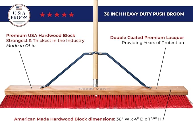 36" Everyday Sweep Indoor/Outdoor Push Broom with 60" Handle. Ideal for Garages & Shops. Durable American Made Steel Brackets-All Stainless Steel Hardware. No Plastic. 100% USA Made