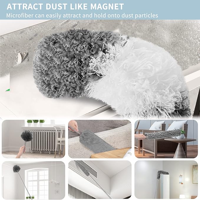 Microfiber Feather Duster with Extension Pole 30 to 100 inches, Reusable,Bendable, Washable Dusters for Cleaning Ceiling Fan, High Ceiling, Blinds, Furniture & Cars, 12PCS