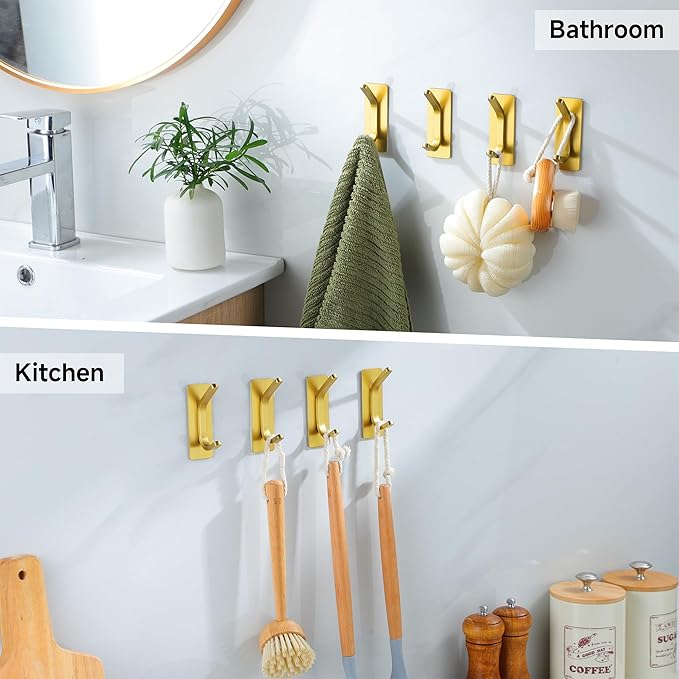 Taozun Adhesive Hooks - Brushed Gold Towel Hooks, Stainless Steel Stick on Wall Hooks Holder for Hanging Robe Sponges in Bathroom and Bedroom