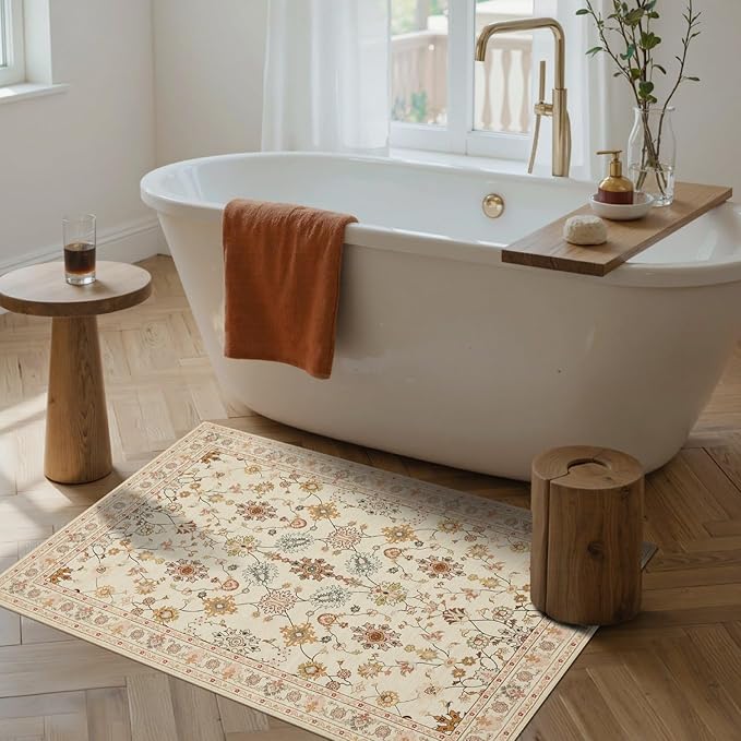Door Mat Floral Entryway Rug, Washable Samll 2x3 Rug, Boho Front Door Mat, Non Slip Area Rugs, Low Pile Throw Accent Carpet for Indoor Entrance, Bathroom and Kitchen(Apricot 2x3ft)