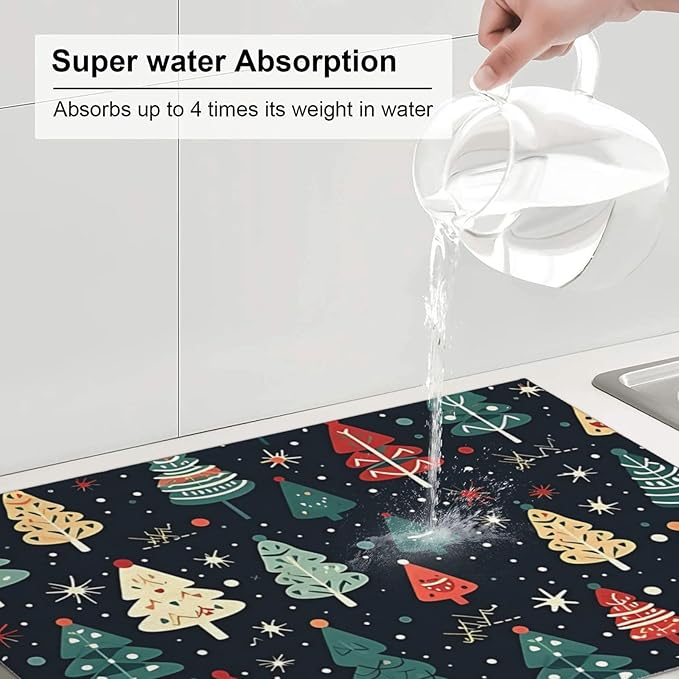Cute Christmas trees Dish Drying Mat 18x24 inches Microfiber Absorbent Fast Dry Mat for Kitchen Counter Coffee Bar Christmas Large Drying Mat Kitchen Decor Gifts (Christmas Trees, 18x24 inches)