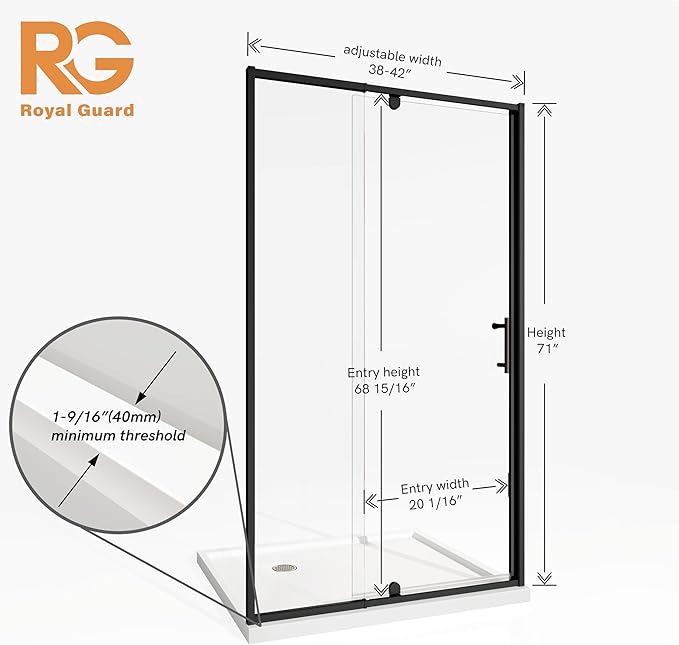 Pivot Shower Door,38-42" W x 71" H Semi-Frameless Swing Glass Shower Door with 1/4"(6mm) Clear SGCC Tempered Glass,Magnetic Closing,Matte Black