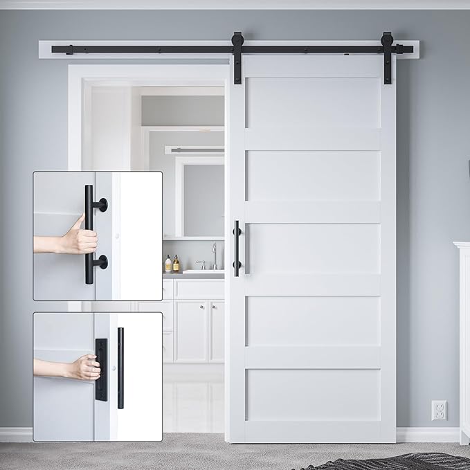 34in x 84in Sliding Barn Door with 6ft Barn Door Hardware Kit & Handle, Pre-Drilled Holes Easy Assembly -Solid Barn Door Slab Covered with Water-Proof PVC Surface, White, 5 Panel