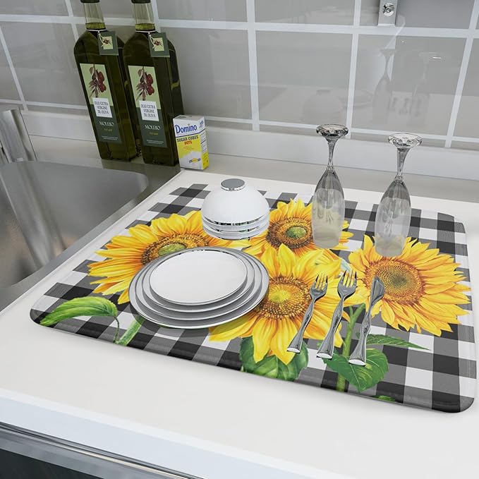 Sunflower Dish Drying Mat for Kitchen Counter Black White Buffalo Plaid Microfiber Absorbent Dish Draining Reusable Washable Foldable Extra Large 18"x24"