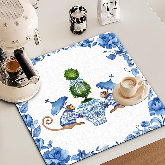 Chinoiserie Dish Drying Mat - Blue And White Porcelain Dish Drying Mat,Chinoiserie Monkey Drying Mat For Kitchen Counter,Coffee Bar Mat,Vintage Chinoiserie Drying Mat,16x17.5 Inch