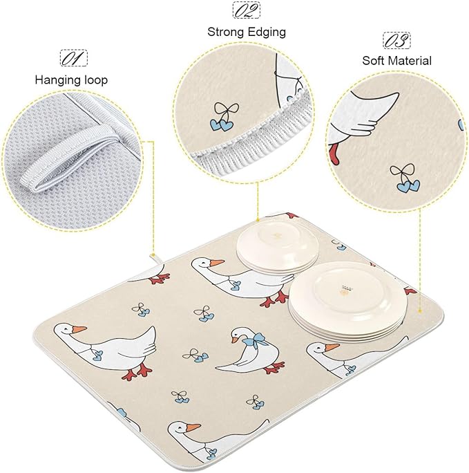 Goose Blue Hearts and A Bow Dish Drying Mat for Kitchen Counter 16x18 inch Super Absorbent Drying Mat Large Dish Drying Mats for Kitchen Countertop Protector Dishes Pad