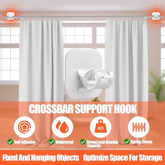 Adhesive Curtain Rods No Drilling Holder,No Drill Curtain Rod Brackets,Renter Friendly Curtain Hooks for Hanging Drapes,Over Blinds for Dorm Apartment Kitchen Bedroom Home Bathroom