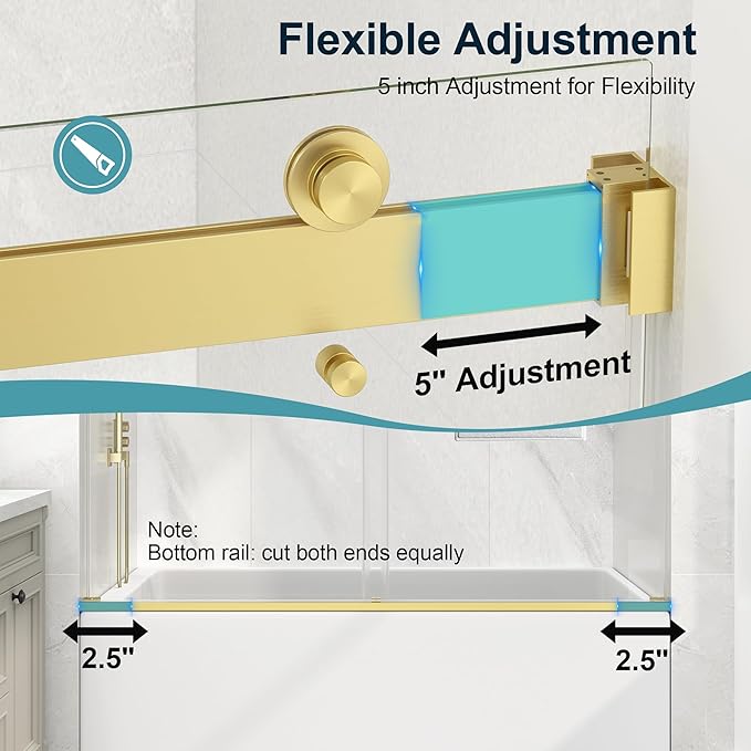 KPUY Frameless Tub Shower Door, 55-60" W x 60" H Double Sliding Bathtub Door, 1/4" (6mm) Thick Tempered Clear Glass with Explosion-Proof Film Nano Coating, Brushed Gold
