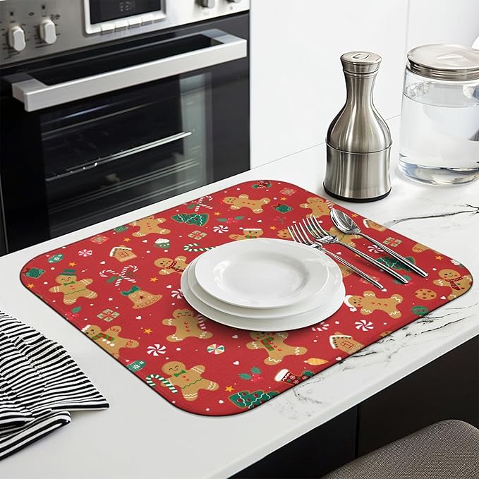 Christmas Kitchen Countertop Dish Drying Mat, Red Christmas Gingerbread Man Snowflake Pattern Microfiber Kitchen Drying Mat,Washable Absorbent Countertop Xmas Winter Holiday Dish Mat Drainer,16x18In