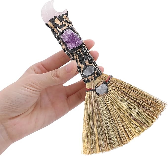 Rose Quartz Witch Broom - Witchcraft Supplies Mini Witches Broomstick with Amethyst Clusters Altar Supplies with Natural Healing Crystals Wiccan Supplies Meditation Therapy Decor
