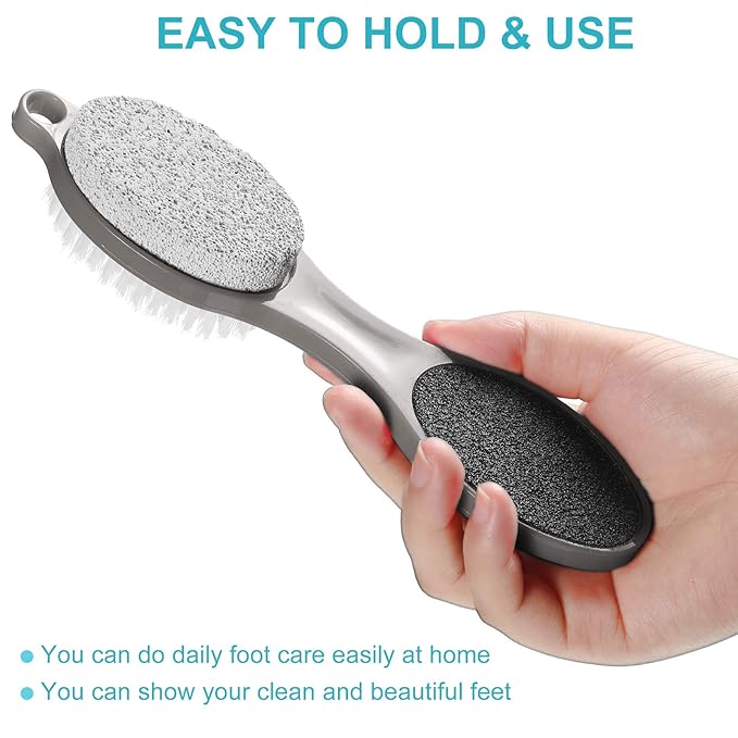2 Pieces 4 in 1 Pedicure Tool Foot Scrubber Brush Foot File Callus Remover with Foot Rasp, Pumice Stone, Nail Cleaning Brush and Sand Paper for Dry and Wet Foot Care Dead Skin Remover (Gray)