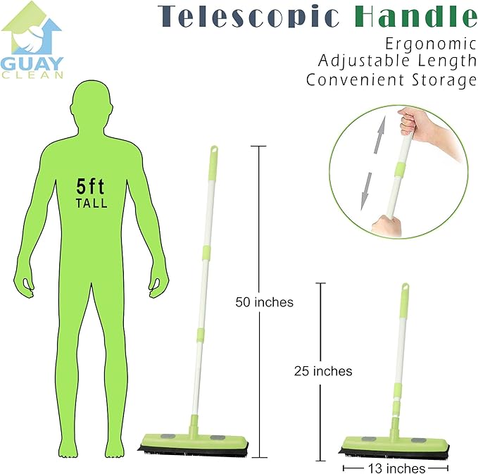 Guay Clean Rubber Push Broom Pet Hair Fur Removal Soft Bristle Sweeper for Carpet and Floor, Squeegee and Grommet for Pads and Towels -Telescopic Pole up to 50 Inches - Green