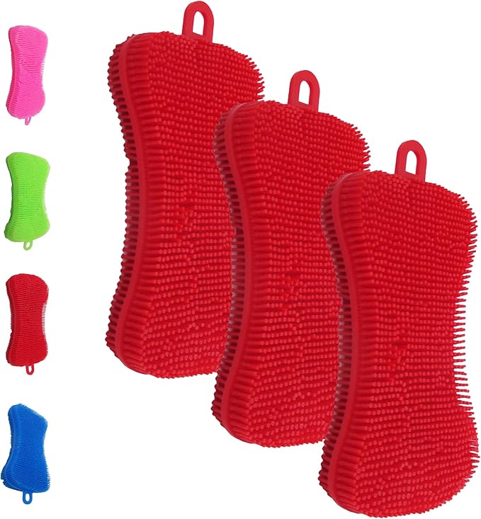 Silicone Dish Sponge - Dishwashing Kitchen Scrubber - Double Sided Sponge Brush - Multipurpose & Reusable Silicone Dish Sponges for Dishes, Fruits & Vegetables Cleaning - Red (3 Pack)