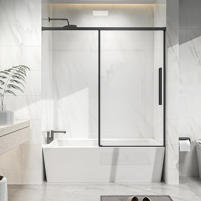 Semi-Frameless Sliding Bathtub Door 60" W x 58" H, 1/4" Clear Tempered Glass, Reversible Installation, Stainless Steel Hardware, Matte Black Finish, Space-Saving Glass Tub Shower Door for Bathrooms