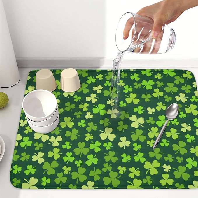 St. Patrick's Day Dish Drying Mat for Kitchen Counter,Irish Green Shamrocks Clover Leaves Drying Mat 18 x 24 Inch with Absorbent Reversible Microfiber Dish Drying Pad for Coffee Bar