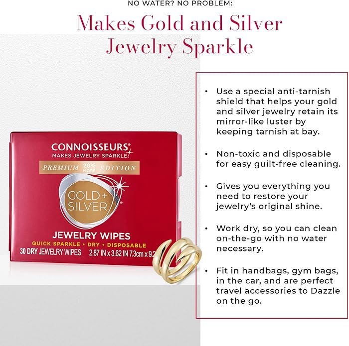 CONNOISSEURS Premium Edition Compact Jewelry Wipes No Rinse Gold and Silver Jewelry Cleaner, Polish and Remove Tarnish to Restore Brilliance, Dry Disposable Wipes, Diamond Dazzle Stik