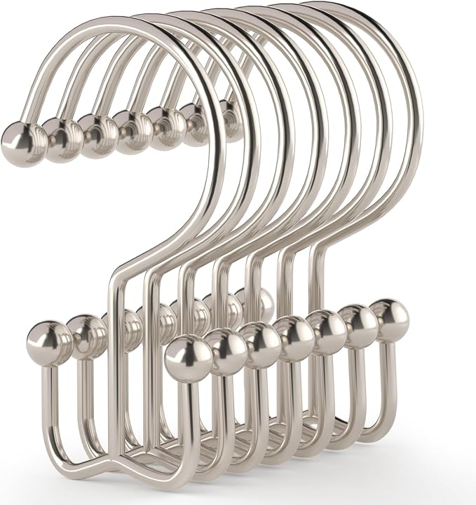Goowin Shower Curtain Hooks, 12 Pcs Shower Curtain Rings, Durable Shower Curtain Rings Rust Proof, Double Glide Shower Rings for Curtain, Simple Shower Hooks for Shower Curtain & Liner, Brush Nickel